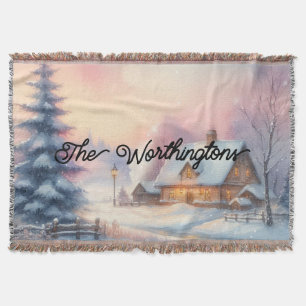 Typography Winter Scenery Cottage Watercolor  Throw Blanket