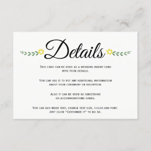Typography yellow floral wedding details insert