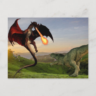 Tyrannosaurs Vs Red Fire Breathing Dragon Battle Postcard