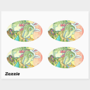 TYRANNOSAURUS,  CUTE T-REX, EASTER BUNNY DINO OVAL STICKER