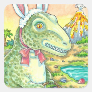 TYRANNOSAURUS,  CUTE T-REX, EASTER BUNNY DINO SQUARE STICKER