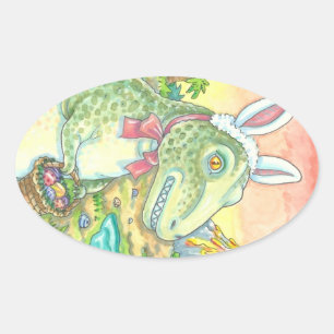 TYRANNOSAURUS, CUTE T-REX EASTER STICKERS Oval