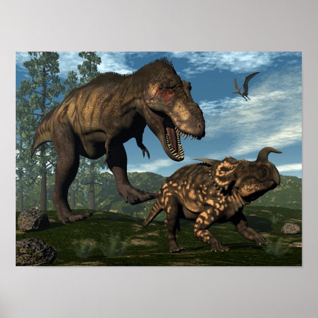 Tyrannosaurus rex attacking einiosaurus dinosaur poster (Front)