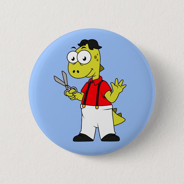 Tyrannosaurus Rex Barber With Scissors. 6 Cm Round Badge (Front)
