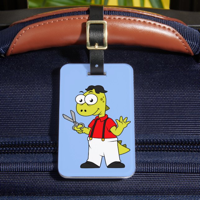 Tyrannosaurus Rex Barber With Scissors. Luggage Tag (Front Insitu 2)