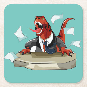 Tyrannosaurus Rex Boss Sitting At A Desk. Square Paper Coaster