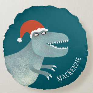 Tyrannosaurus Rex Christmas Santa Hat Personalised Round Cushion