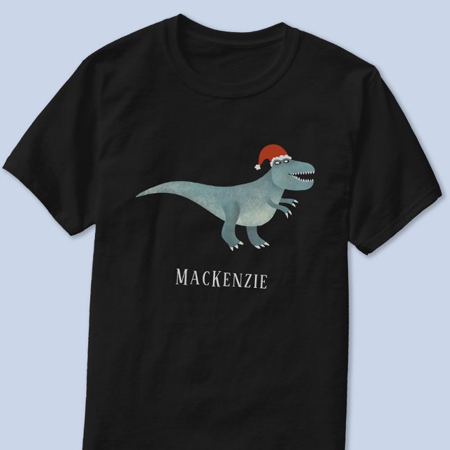Tyrannosaurus Rex Christmas Santa Hat Personalised T-Shirt (Fun personalized name text Tyrannosaurus Rex in a Christmas Santa hat t-shirt)