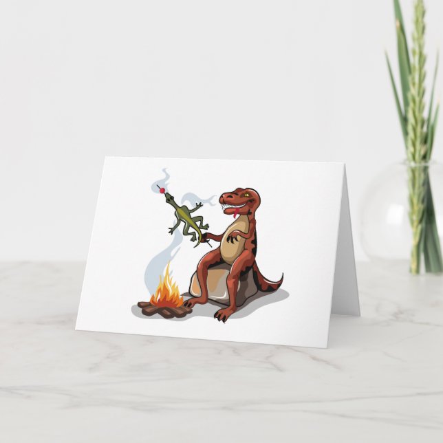 Tyrannosaurus Rex Cooking Food Over A Campfire. Card (Front)