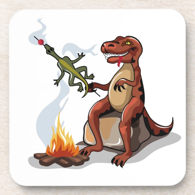 Tyrannosaurus Rex Cooking Food Over A Campfire. Coaster (Front)