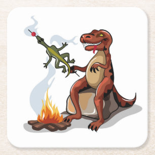Tyrannosaurus Rex Cooking Food Over A Campfire. Square Paper Coaster