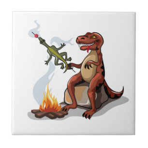 Tyrannosaurus Rex Cooking Food Over A Campfire. Tile