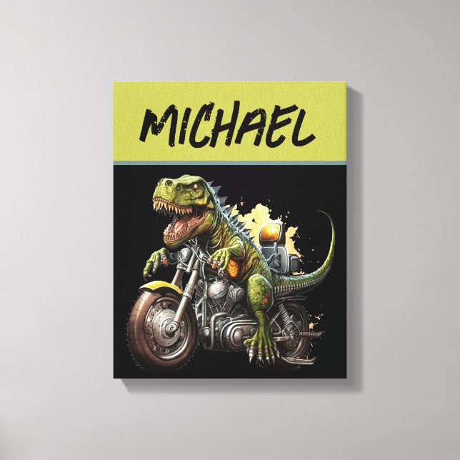 Tyrannosaurus Rex Dinosaur Riding a Motorcycle Canvas Print (Front)