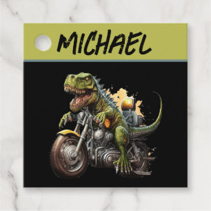 Tyrannosaurus Rex Dinosaur Riding a Motorcycle Favour Tags