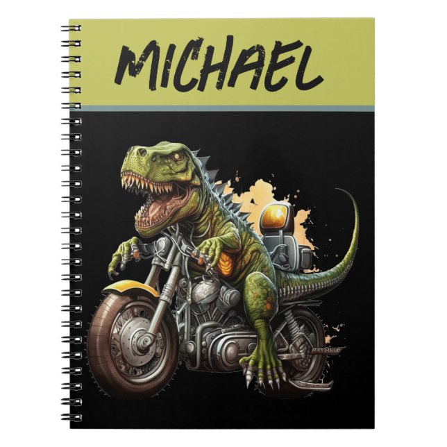 Tyrannosaurus Rex Dinosaur Riding a Motorcycle Notebook (Front)