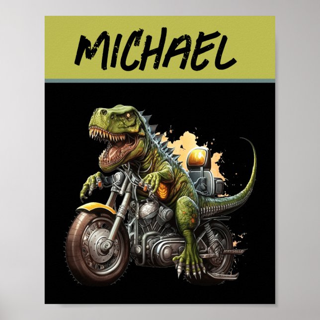 Tyrannosaurus Rex Dinosaur Riding a Motorcycle Poster (Front)