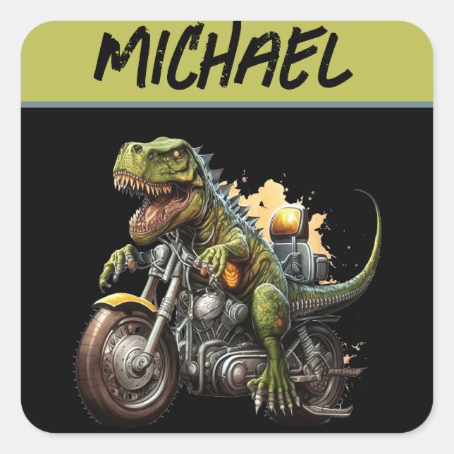Tyrannosaurus Rex Dinosaur Riding a Motorcycle Square Sticker (Front)