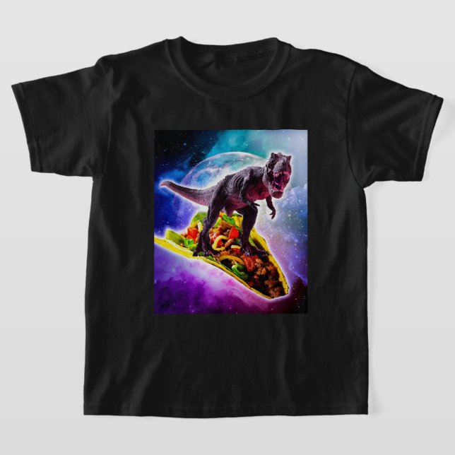 Tyrannosaurus Rex Dinosaur Riding Tacos in Space T-Shirt (Laydown)