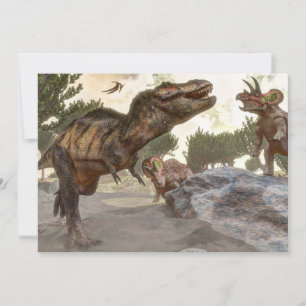 Tyrannosaurus rex escaping from triceratops attack
