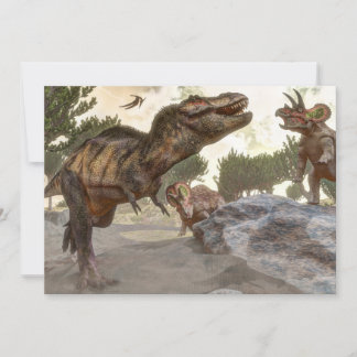 Tyrannosaurus rex escaping from triceratops attack