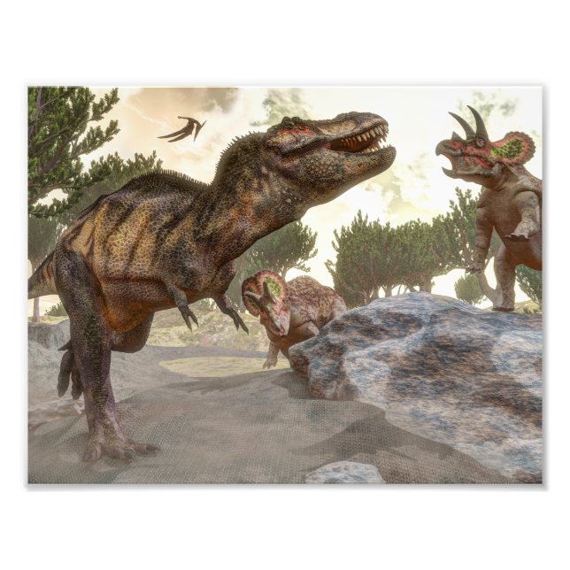 Tyrannosaurus rex escaping from triceratops attack photo print (Front)