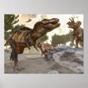 Tyrannosaurus rex escaping from triceratops attack poster