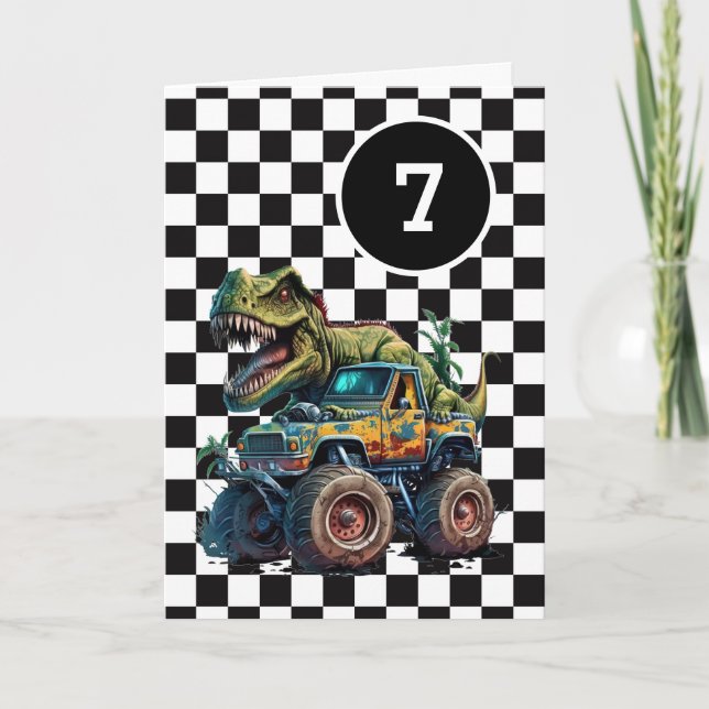 Tyrannosaurus Rex Monster Truck 7th Birthday Card (Front)