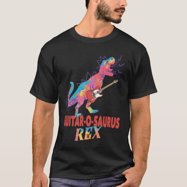 Tyrannosaurus Rex Playing Rock Guitar O Saurus Rex T-Shirt (Front)