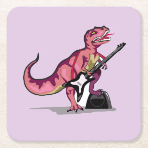 Tyrannosaurus Rex Playing The Guitar. Square Paper Coaster