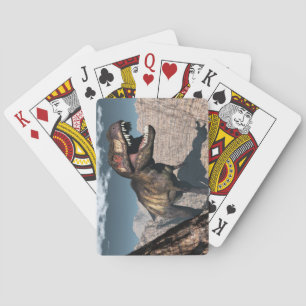 Tyrannosaurus rex roaring in a canyon playing cards