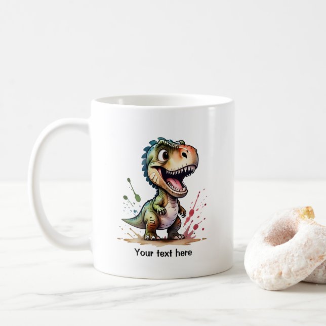 Tyrannosaurus Rex Watercolor Splash Personalised Coffee Mug (With Donut)