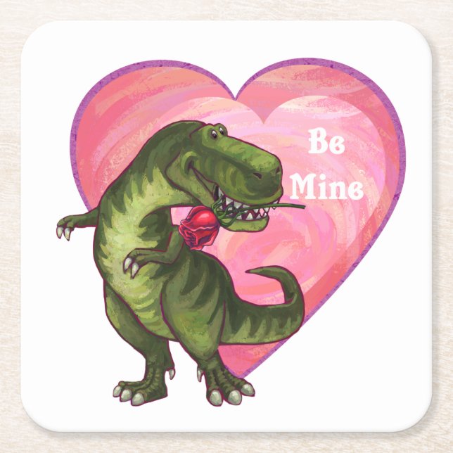Tyrannosaurus Valentine's Day Square Paper Coaster (Front)