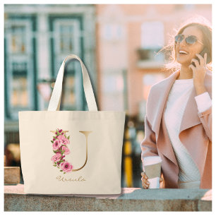 U Letter Gold Monogram Pink Magenta Floral Large Tote Bag