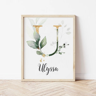 U Letter Monogram Greenery Nursery Name Wall Print