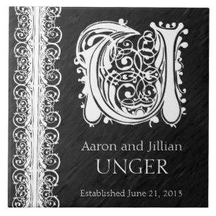 U Monogram "White Lace on Black" Wedding Tile