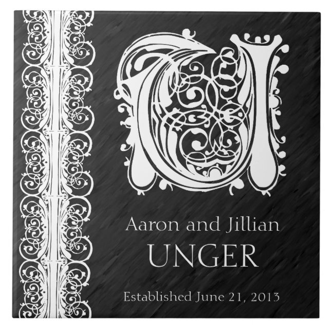 U Monogram "White Lace on Black" Wedding Tile (Front)