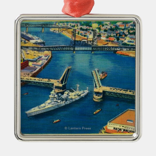 U.S. Battleship passing through Portland Metal Tree Decoration (Front)