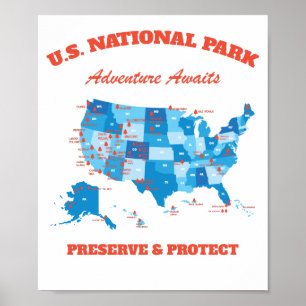 U.S National Parks Map Hiker Camper Summer Poster