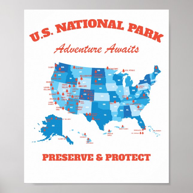 U.S National Parks Map Hiker Camper Summer Poster (Front)