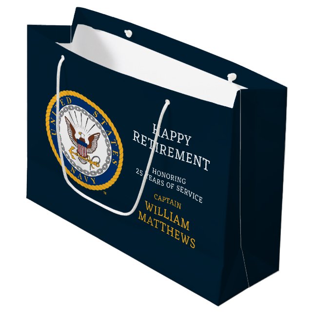 U.S. Navy | Navy Emblem | Happy Retirement Large Gift Bag (Front Angled)