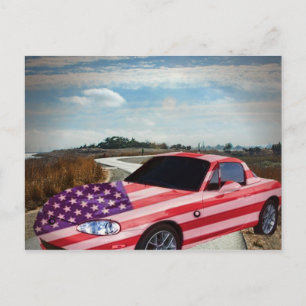 U S painted sport's car, postcard