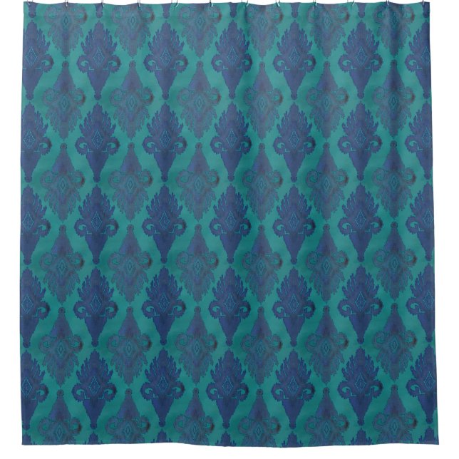 Uabek Tribal Pattern IKAT Vintage Blue Green Navy Shower Curtain (Front)