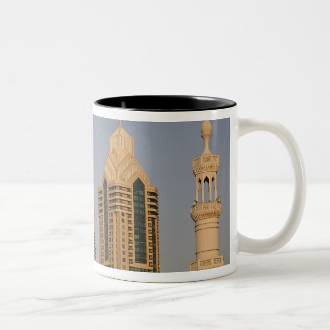 UAE, Dubai. Minaret of mosque in Al Wasl, with Two-Tone Coffee Mug (Right)