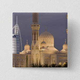 UAE, Dubai. Mosque in evening with Burj al Arab 15 Cm Square Badge