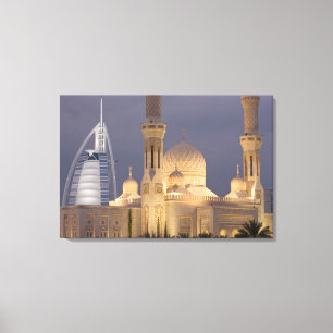 UAE, Dubai. Mosque in evening with Burj al Arab Canvas Print