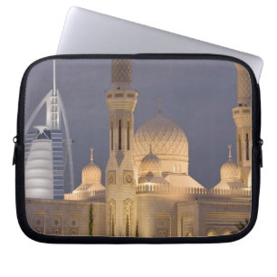 UAE, Dubai. Mosque in evening with Burj al Arab Laptop Sleeve