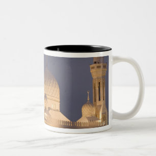 UAE, Dubai. Mosque in evening with Burj al Arab Two-Tone Coffee Mug