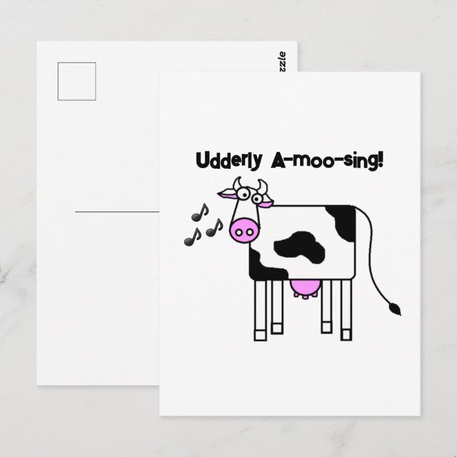 Udderly A-moo-sing Singing Cow Pun Cartoon Design Postcard (Front/Back)