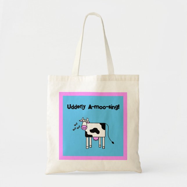 Udderly A-moo-sing Singing Cow Pun Cartoon Design Tote Bag (Front)