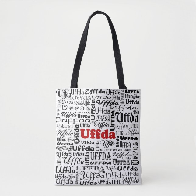 Uffda Funny Norwegian Expression Red & Black Text Tote Bag (Front)